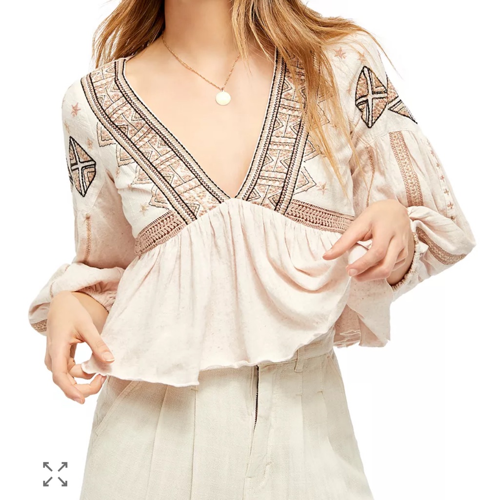 Free People Aria Embroidered Boho Babydoll Top-Cream